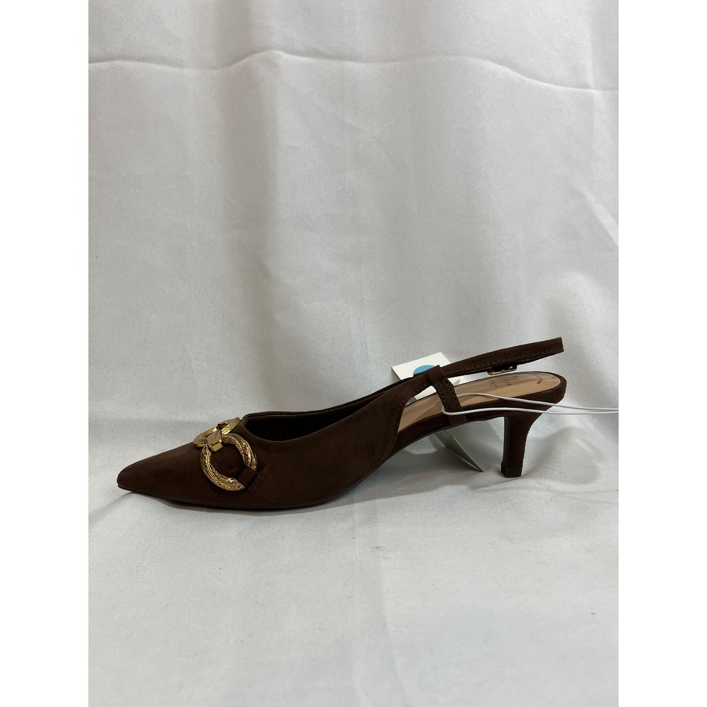 A New Day Brown Faux Suede Point Toe Kitten Heel Slingback Pumps Gold Chain 7.5 - Picture 4 of 6
